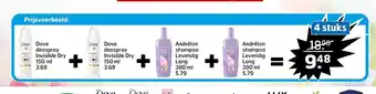 Trekpleister Dove deospray Invisible Dry 150 ml 2 stuks + Andrelon shampoo Levendig Lang 300 ml 2 stuks aanbieding