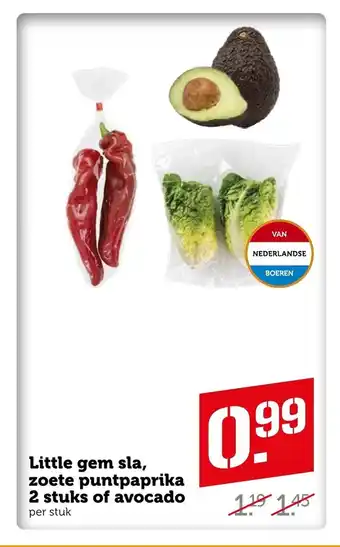 Coop Little gem sla, zoete puntpaprika 2 stuks of avocado aanbieding