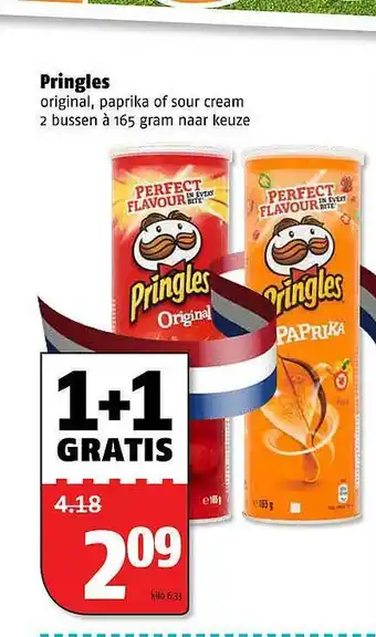 Poiesz Pringles Original, Paprika Of Sour Cream 1+1 Gratis aanbieding