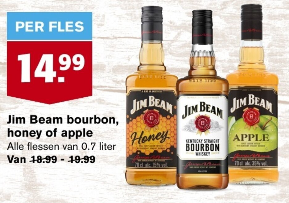 Jim Beam bourbon, honey of apple 0.7 liter aanbieding bij Hoogvliet
