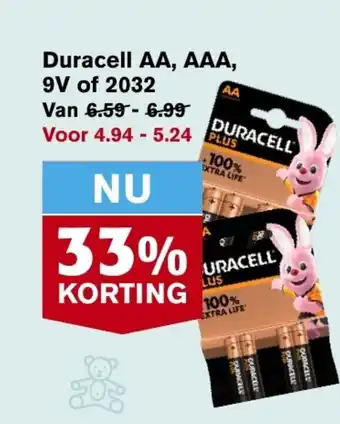 Hoogvliet Duracell AA, AAA, 9V of 2032 aanbieding