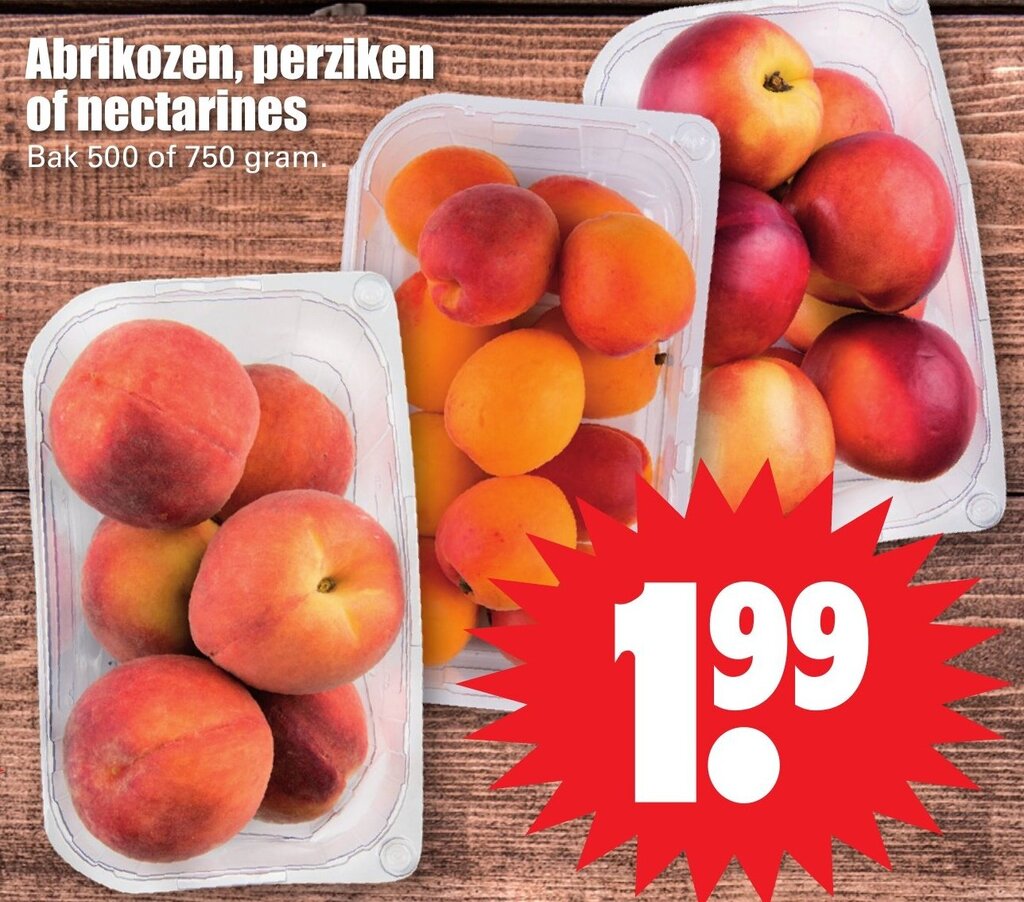 Abrikozen, perziken of nectarines 750 gram aanbieding bij Dirk