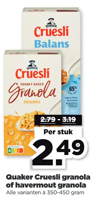 PLUS Quaker Cruesli granola of havermout granola aanbieding