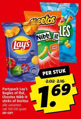 Boni Partypack Lay's Bugles of flat, Cheetos Nibb-it sticks of Doritos 150-335 gram aanbieding