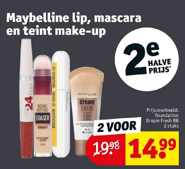 Maybelline lip, mascara en tein makeup aanbieding bij Kruidvat
