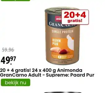 Zooplus 20+4 gratis! 24 x 400 g Animonda GranCarno Adult-Supreme: Paard Pur aanbieding