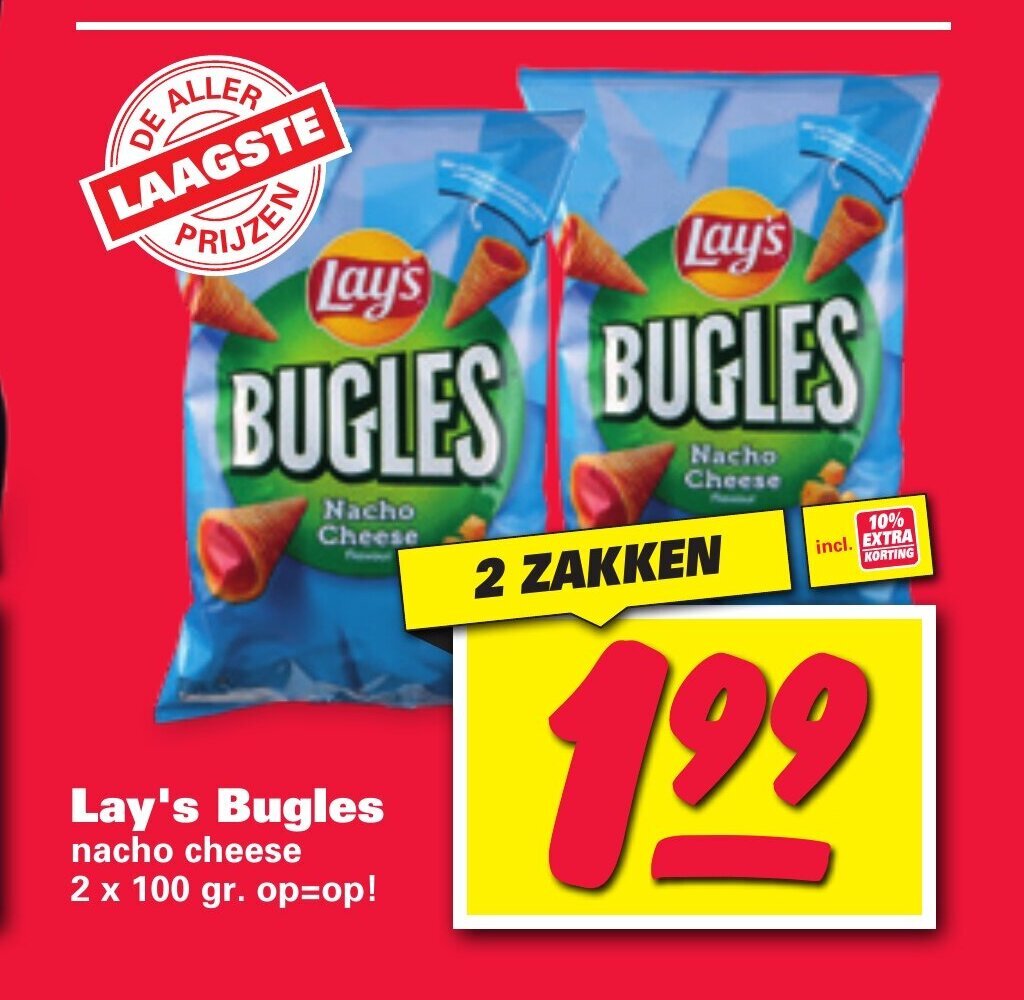 Lay's Bugles nacho cheese 2 x 100 gram aanbieding bij Nettorama