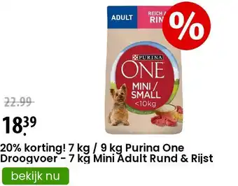 Zooplus 20% korting! 7 kg / 9 kg Purina One Droogvoer - 7 kg Mini Adult Rund & Rijst aanbieding