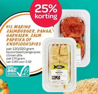 Spar Vis Marine Zalmburger, Panga, Garnalen, Zalm Paprika Of Knoflookspies pak 120/220 gram aanbieding