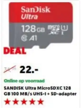 MediaMarkt SanDisk Ultra MicroSDXC 128GB 100MB/s US-I + SD-adapter aanbieding