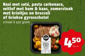 Poiesz Nasi met sate pasta carbonara witlof met ham & kaas zomersteak met krieltjes en broccoli of Griekse gyrosschotel 450 gram aanbieding