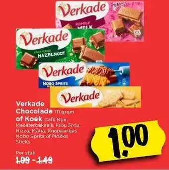 Vomar Voordeelmarkt Verkade chocolade of koek café noir, meesterbaksels, frou frou, nizza, maria, knappertjes nobo sprits of mokka sticks aanbieding