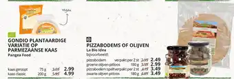 Natuurwinkel Gondio plantaardige variatie op parmezaanse kaas pangea food of pizzabodems of olijven la bio idea aanbieding