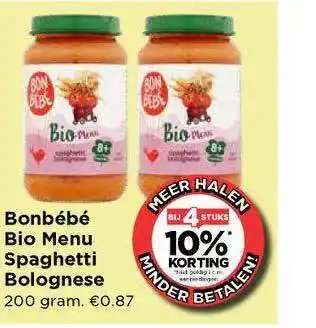 Vomar Voordeelmarkt Bonbébé Bio Menu Spaghetti Bolognese aanbieding