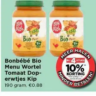 Vomar Voordeelmarkt Bonbébé Bio Menu Wortel Tomaat Doperwtjes Kip aanbieding