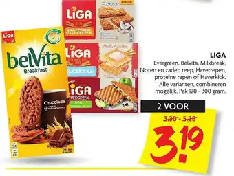 Dekamarkt Liga Evergreen, Belvita, Milkbreak, Noten En Zaden Reep, Haverrepen, Proteïne Repen Of Haverkick aanbieding