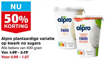 Hoogvliet Alpro plantaardige variatie op kwark no sugars 400g aanbieding