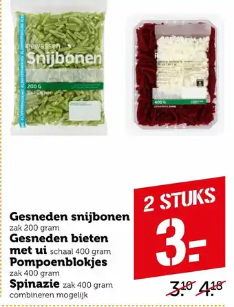 Coop Gesneden snijbonen 200g, gesneden bieten met ui 400g, Pompoenblokjes 400g, Spinazie 400g aanbieding