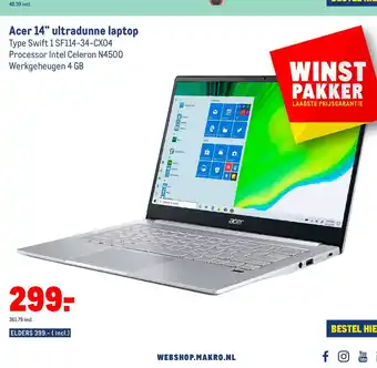 Makro Acer 14" ultradunne laptop Swift 1 SF114-34-CX04 aanbieding