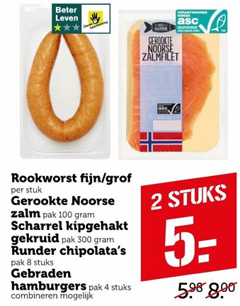 Coop Rookworst fijn/grof, Gerookte Noorse zalm, Scharrel kipgehakt gekruid, Runder chipolata's, Gebraden hamburgers aanbieding