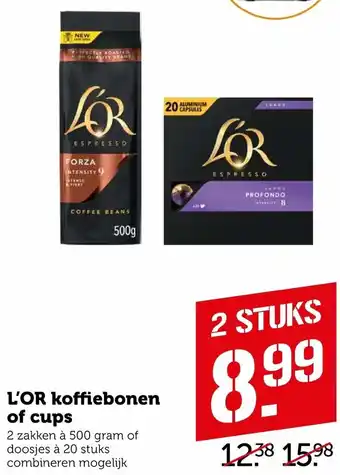 Coop L'Or Koffiecups of koffiebonen 2*500g aanbieding