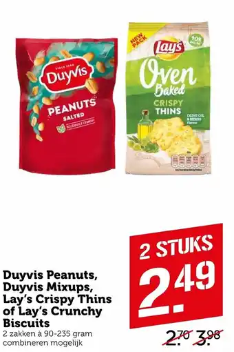 Coop Duyvis Peanuts, Duyvis Mixups, Lay's Crispy Thins of Lay's Crunchy Biscuits 2*90-235g aanbieding