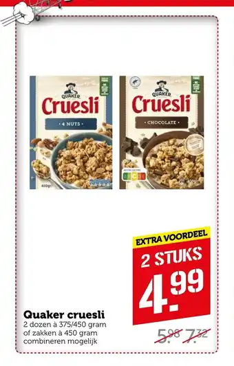 Coop Quaker cruesli 2 dozen a 375/450 gram of zakken a 450 gram combineren mogelijk aanbieding