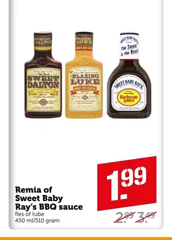 Coop Remia of Sweet Baby Ray's BBQ sauce fles of tube 450 ml/510 gram aanbieding