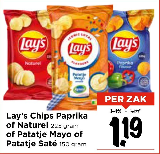 Lay's Chips Paprika of Naturel 225 gram of Patatje Mayo of Patatje Saté