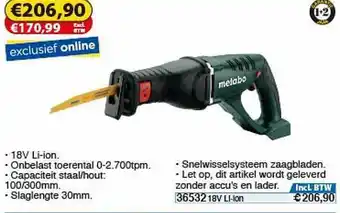 Toolstation Metabo ASE 18 LTX Accu Reciprozaag Machine (Body) aanbieding