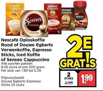 Vomar Voordeelmarkt Nescafé Oploskoffie Rood Of Douwe Egberts Verwenkoffie, Espresso Sticks, Iced Koffie Of Senseo Cappuccino aanbieding