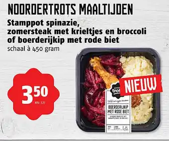 Poiesz Stamppot spinazie, zomersteak met krieltjes en broccoli of boerderijkip met rode biet 450 gram aanbieding