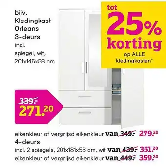 Leen Bakker Kledingkast Orleans 3-Deurs Of 4-Deurs Tot 25% Korting aanbieding