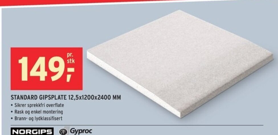 Montér Standard Gipsplate 12.5x1200x2400 MM tilbud