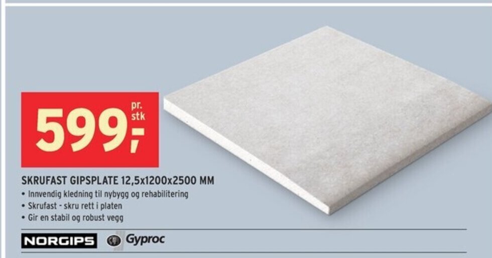 Montér Skrufast Gipsplate 12.5x1200x2500 MM tilbud