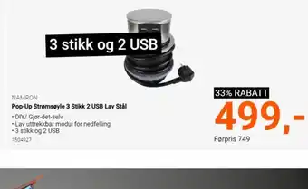 Elektroimportøren Pop-Up Strømsøyle 3 Stikk 2 USB Lav Stål tilbud
