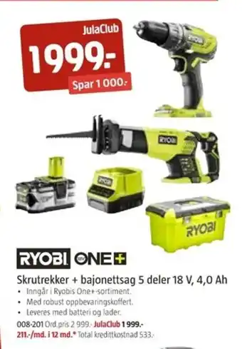 Jula Ryobi One Skrutrekker + bajonettsag 5 deler 18 V, 4,0 Ah tilbud