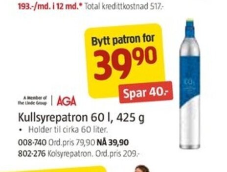 Jula AGA Kullsyrepatron 60 l, 425 g tilbud