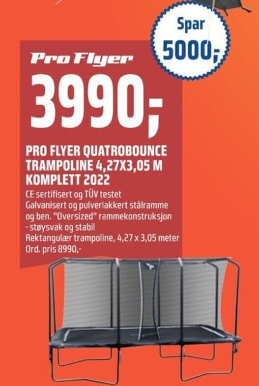 Coop Obs Pro Flyer Quatrobounce Trampoline 4.27x3.05 m Komplett 2022 tilbud