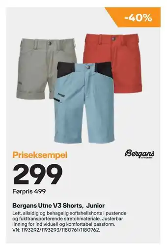XXL Sport Bergans Utne V3 Shorts, Junior tilbud