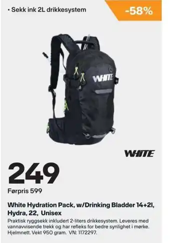 XXL Sport White Hydration Pack, w/Drinking Bladder 14+21, Hydra, 22, Unisex tilbud