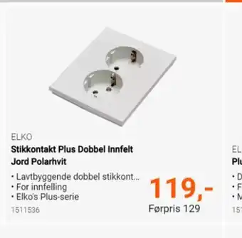 Stikkontak PLus Dobbel Innfelt Jord Polarhvit