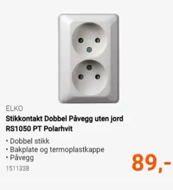 Elektroimportøren Stikkontakt Dobbel Påvegg uten jord RS1050 PT Polarhvit tilbud