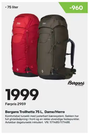 XXL Sport Bergans Trollhetta 75 L, Dame/Herre tilbud