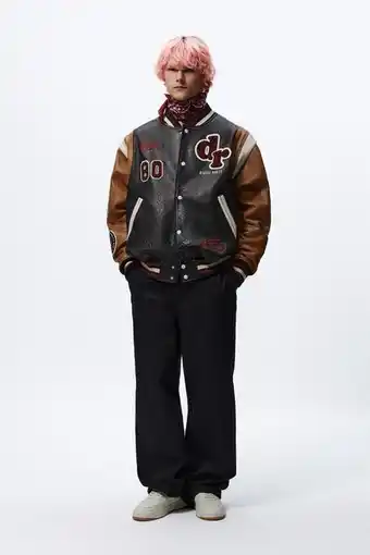 ZARA Bomber jakke i skinn med lapper tilbud