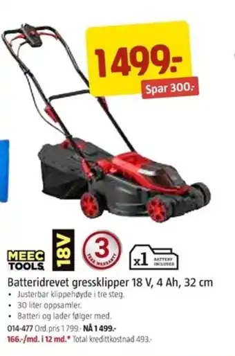 Jula MEEC TOOLS batteridrevet gressklippe r18 V, 4 Ah, 32 cm tilbud