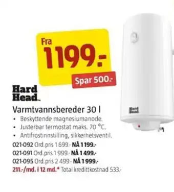 Jula HARD HEAD varmtvannsbereder 30 I tilbud