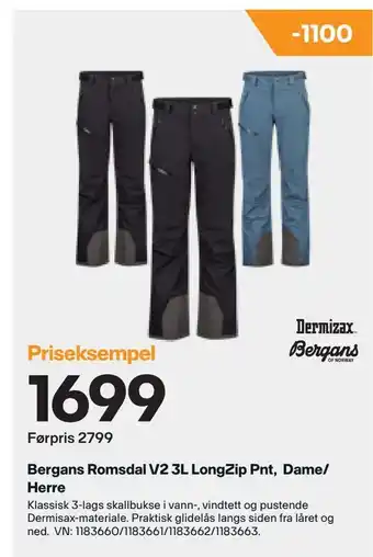 XXL Sport Bergans romsdal v2 3l longzip pnt, dame/ herre tilbud