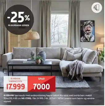 Bohus Burbank hjørnesofa med endeavslutning høyre i tekstil alis sand med svarte ben i metall tilbud