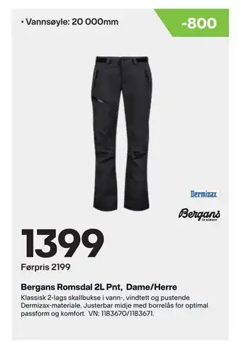 XXL Sport Bergans romsdal 2l pnt, dame/herre tilbud